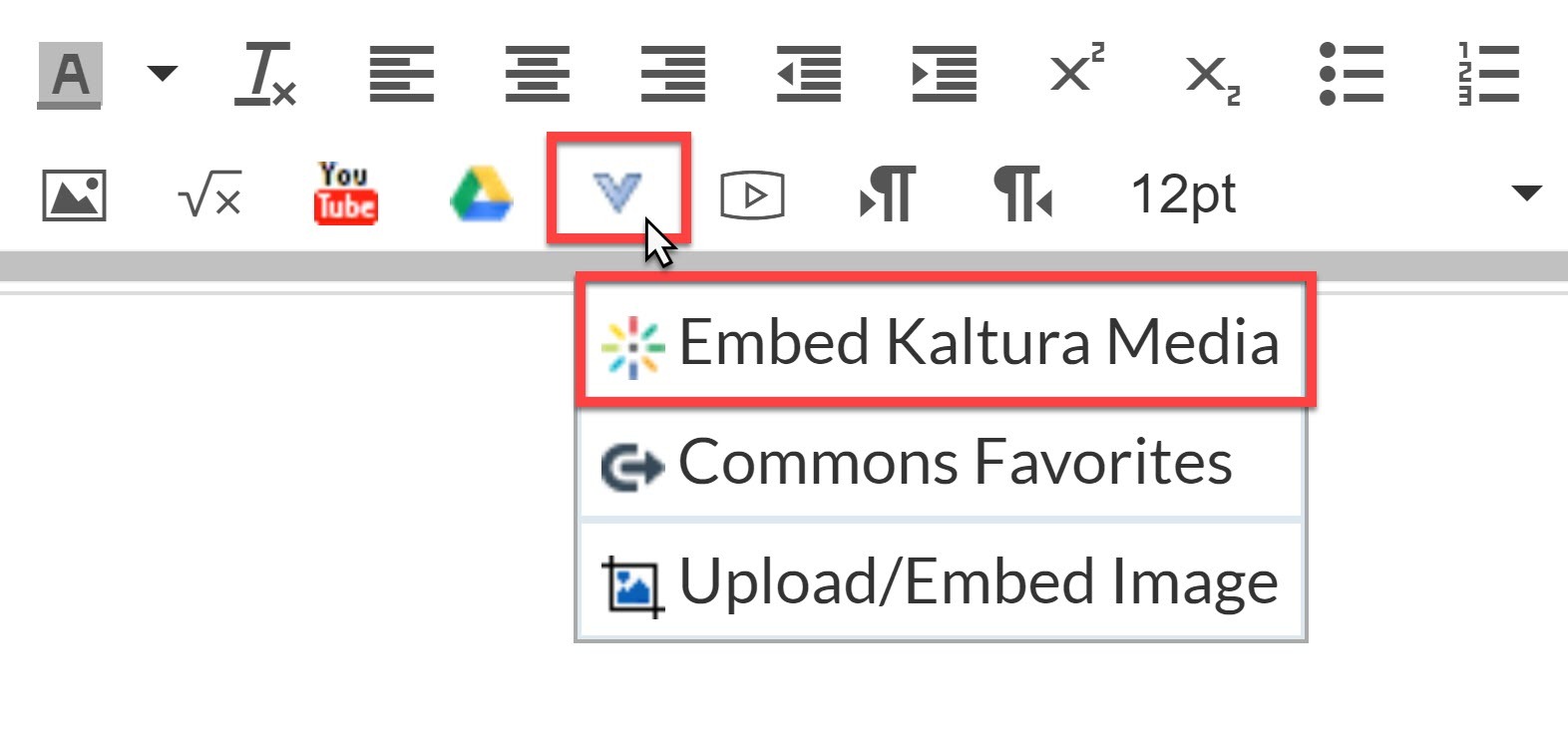 image that shows clicking the blue V icon in the Canvas editor will reveal the "Embed Kaltura Media" option in a drop down menu
