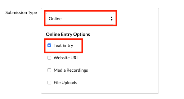 canvas assignment submission type set to online text entry 